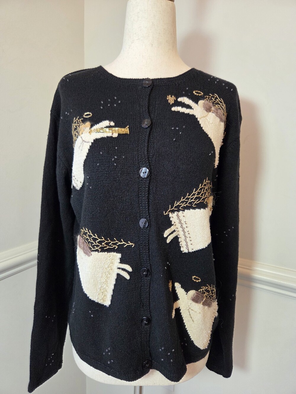 Talbots Angel Cardigan S Black Beaded Sequin Embroidered Whimsical Statement